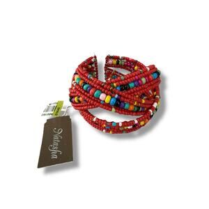 Natasha Red Multi-Color Beaded Memory Wire Cuff Bracelet NWT